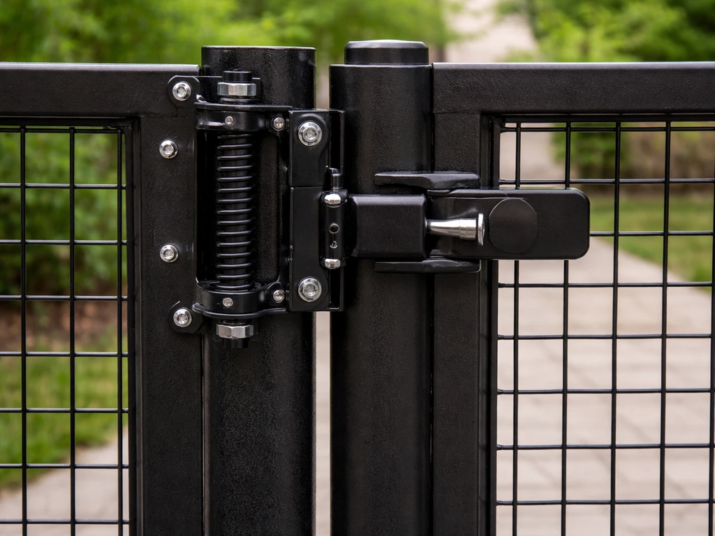 Close-up of a self-closing safety gate with fast latch hardware in a simple backyard entry
