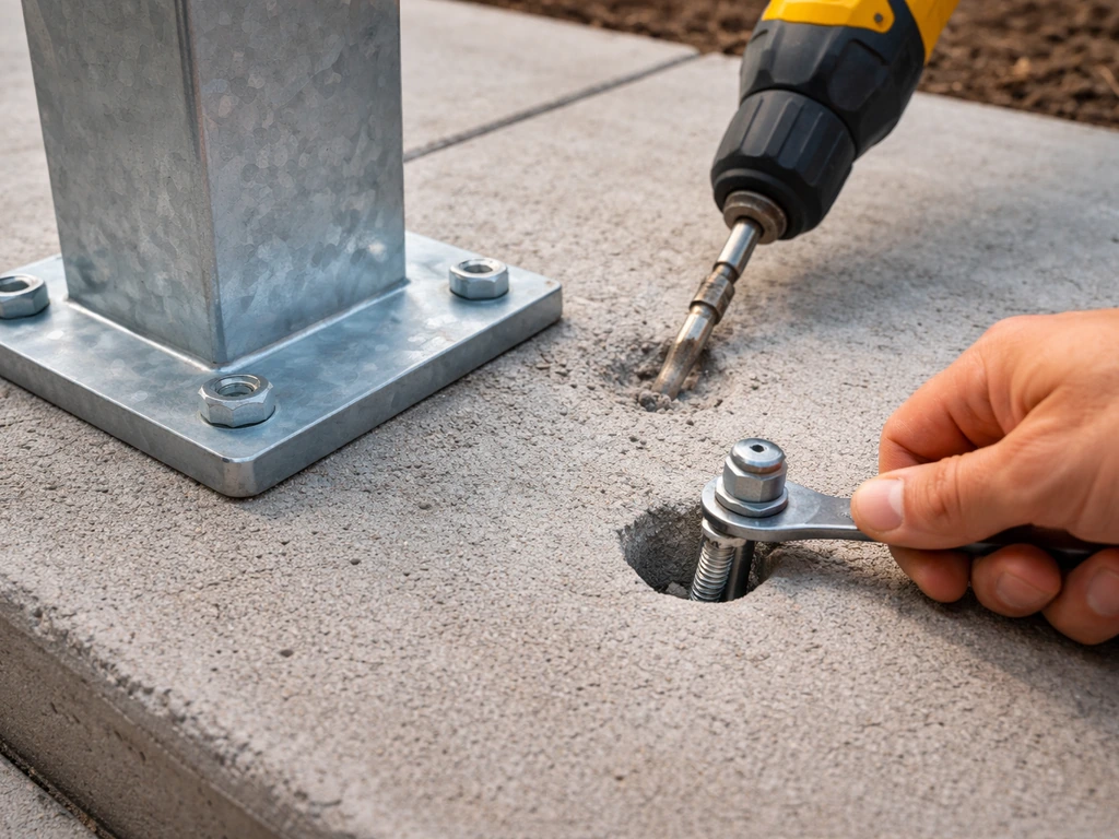 Close-up of a surface-mount fence post base being anchored to a concrete patio with wedge/sleeve anchors.