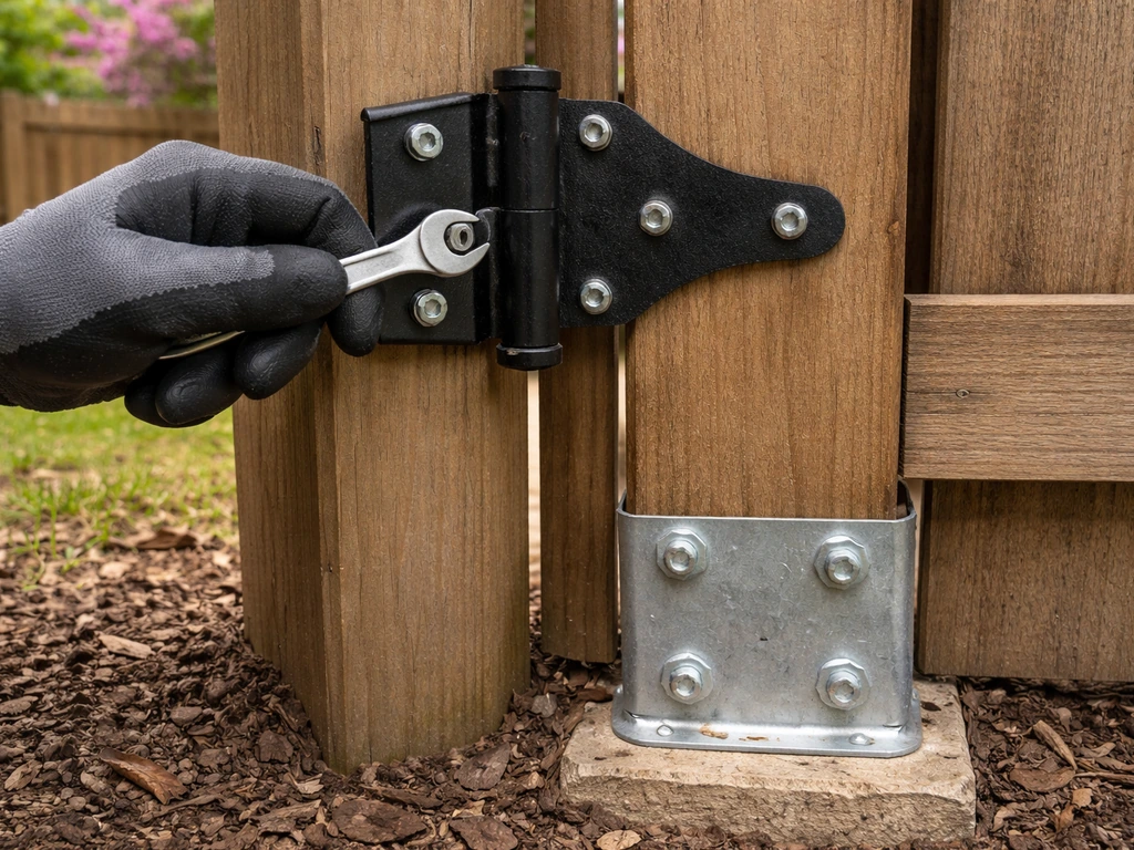 Gloved hands retighten a gate hinge bolt beside a fence post base, checking for looseness or corrosion.