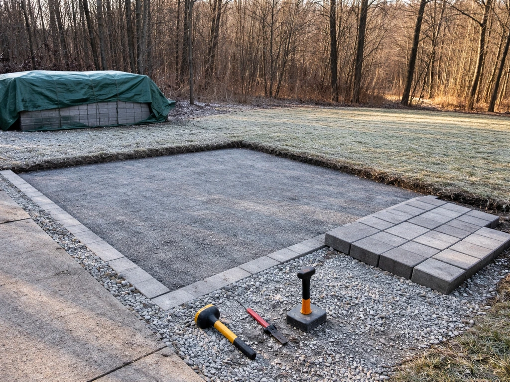 Backyard patio under construction in Rochester area, with paver base and laying tools laid out.