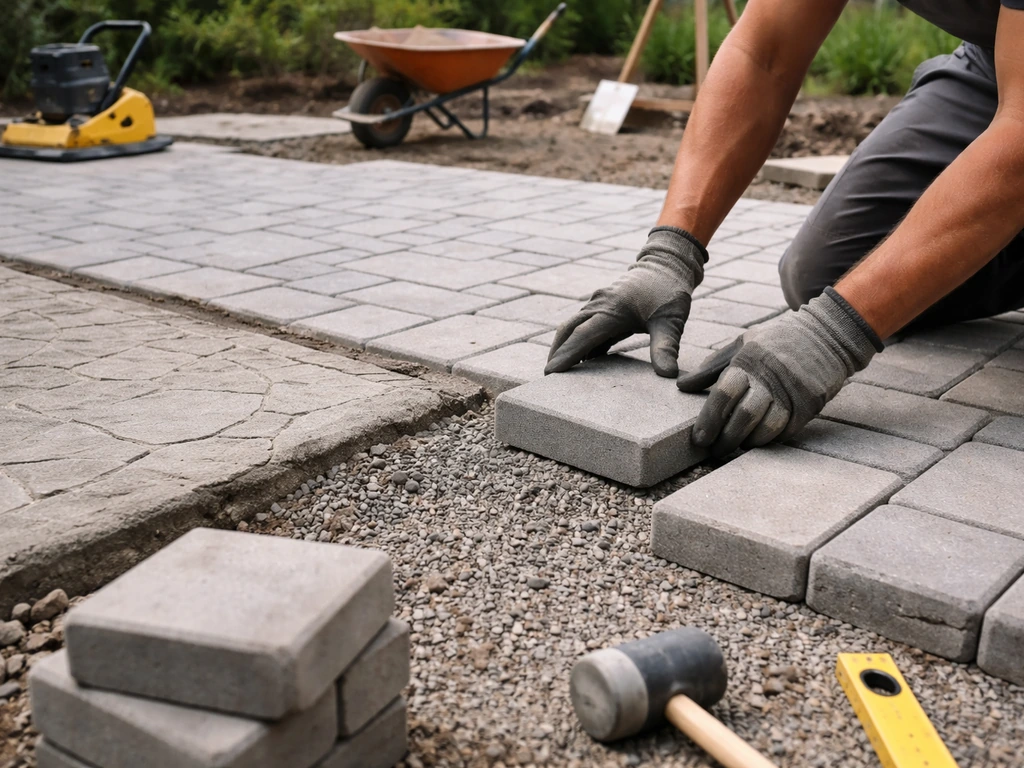 Outdoor patio worksite with pavers and stamped concrete under construction, tools and gloves visible, no faces.