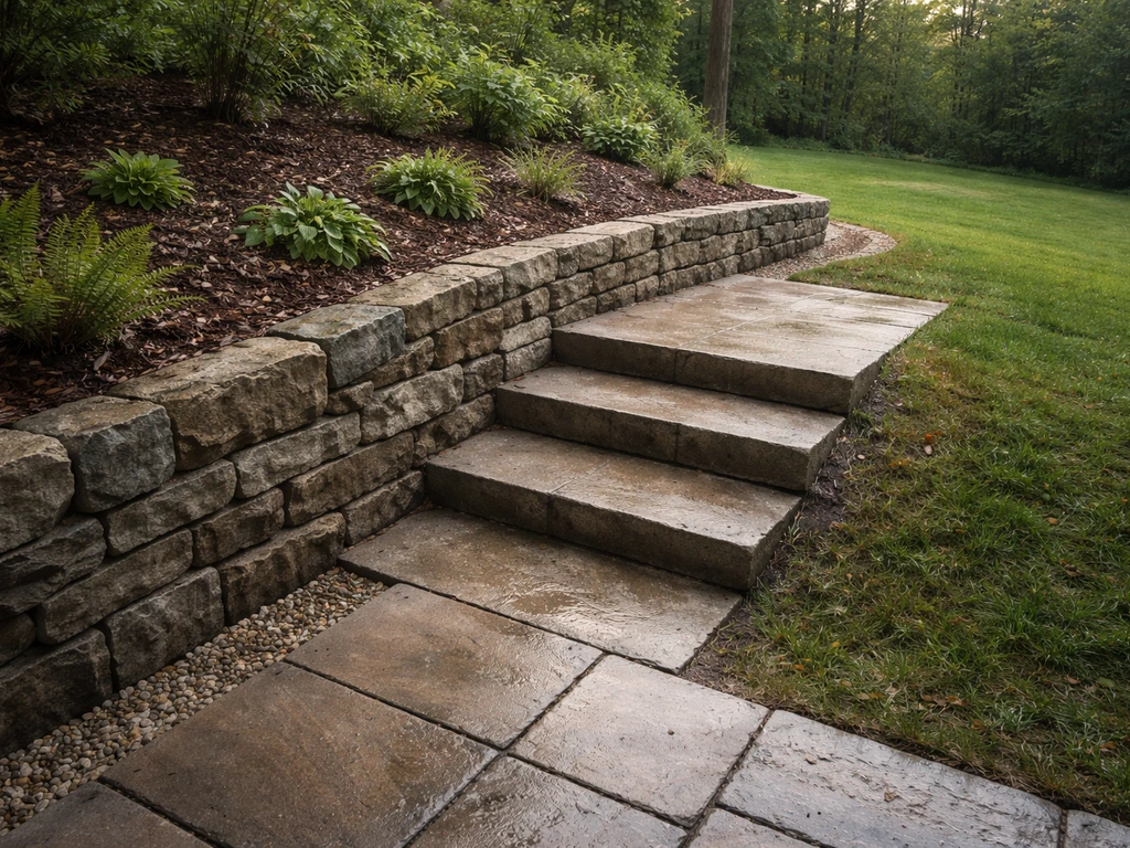 Small stone retaining wall and a few steps with landing on a sloped yard, with subtle drainage.