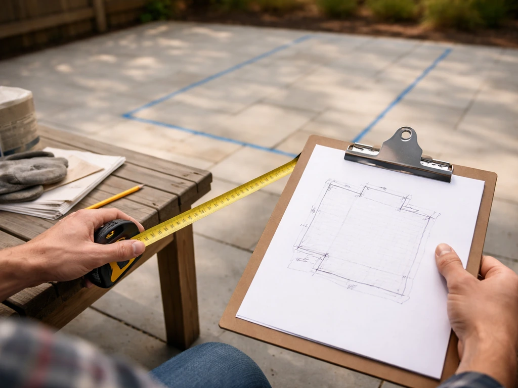 Homeowner at a patio estimate desk measuring a footprint with tape measure and construction notes
