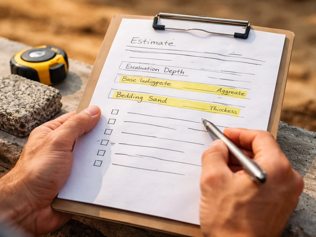 Close-up of a highlighted estimate sheet with excavation depth and bedding sand specs on a work surface.