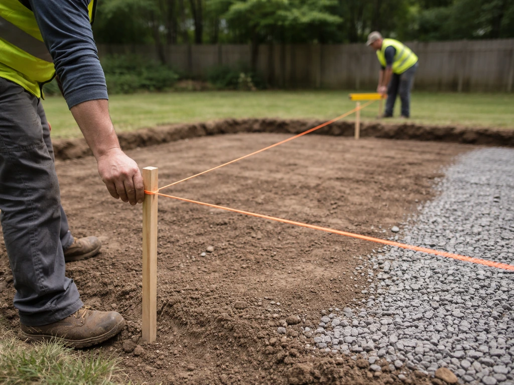 Construction crew marks a backyard patio layout with string lines and prepares excavated gravel base for pavers.