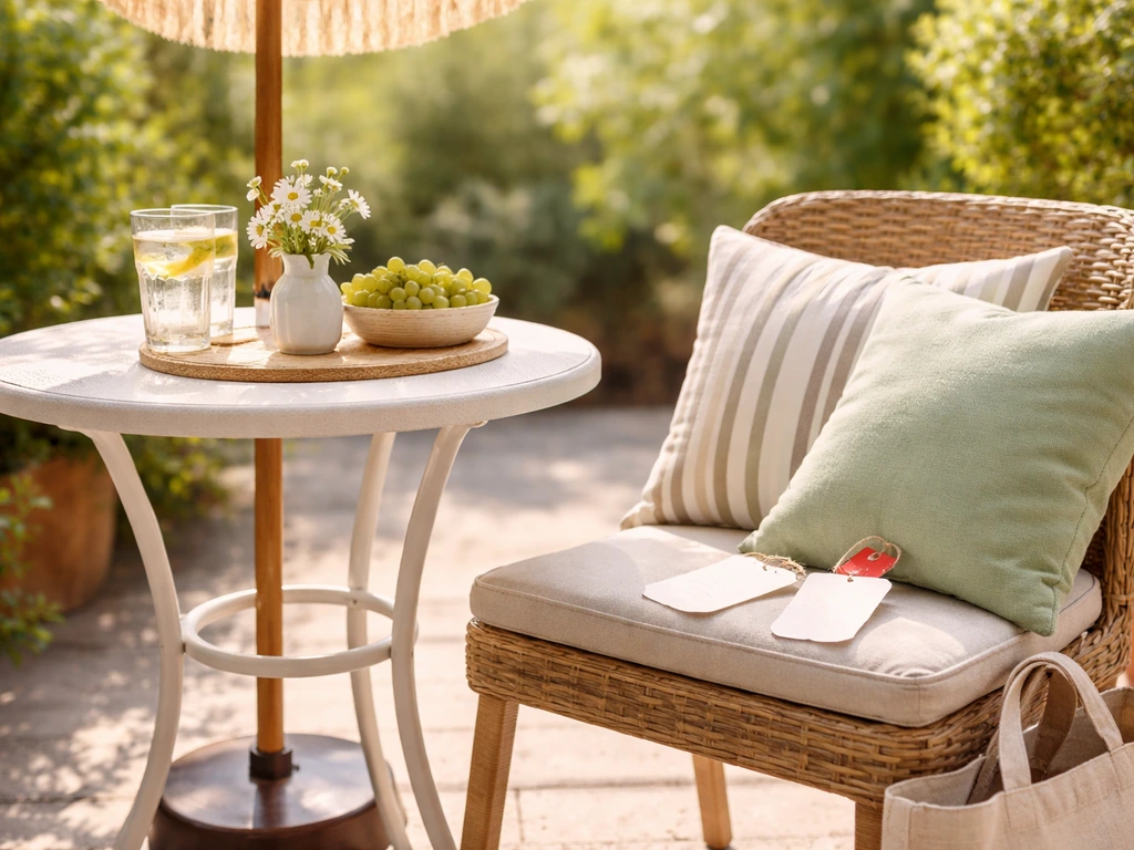 Bright patio scene with a small table, fresh cushions, and shopping-deal cues for same-day patio sale shopping.