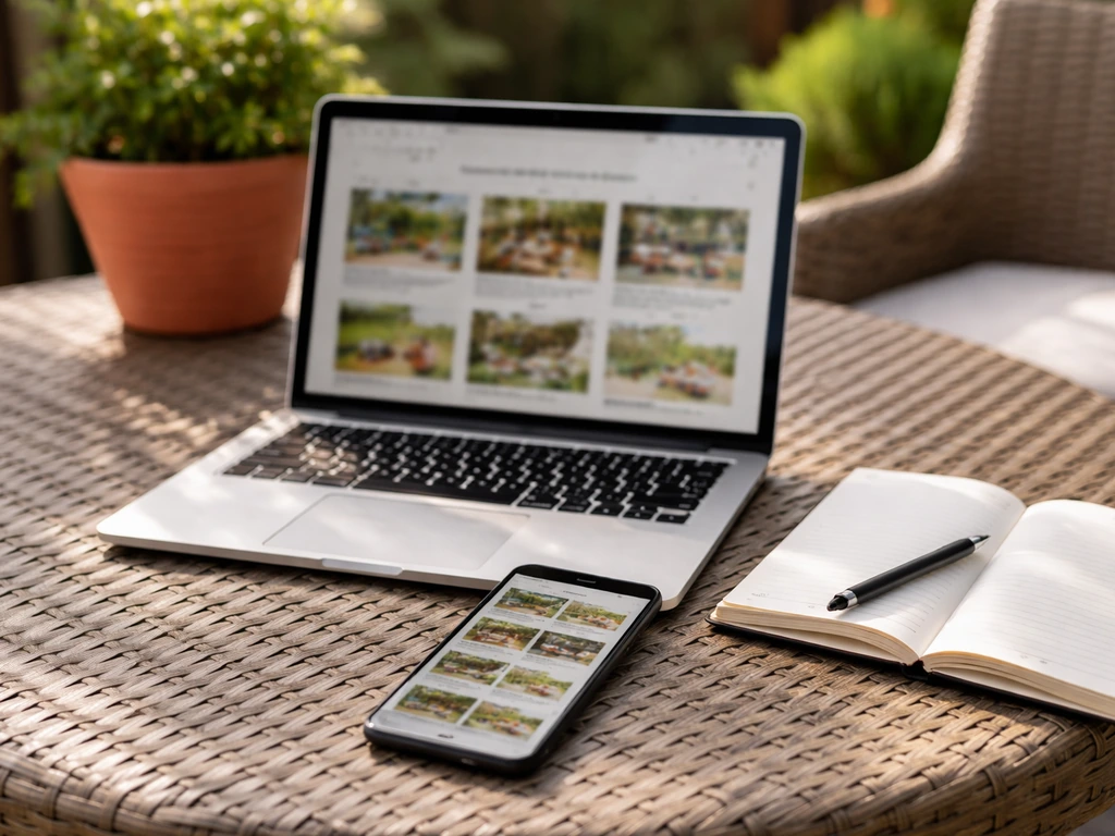 Tablet and laptop on a patio table showing online shopping for same-day garden patio deals