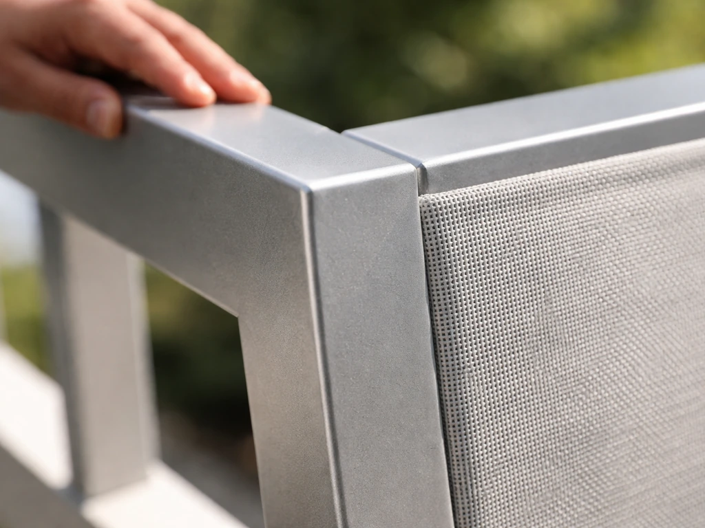 Close-up of patio furniture frame and outdoor fabric under daylight, inspecting weatherproof finish and joints.