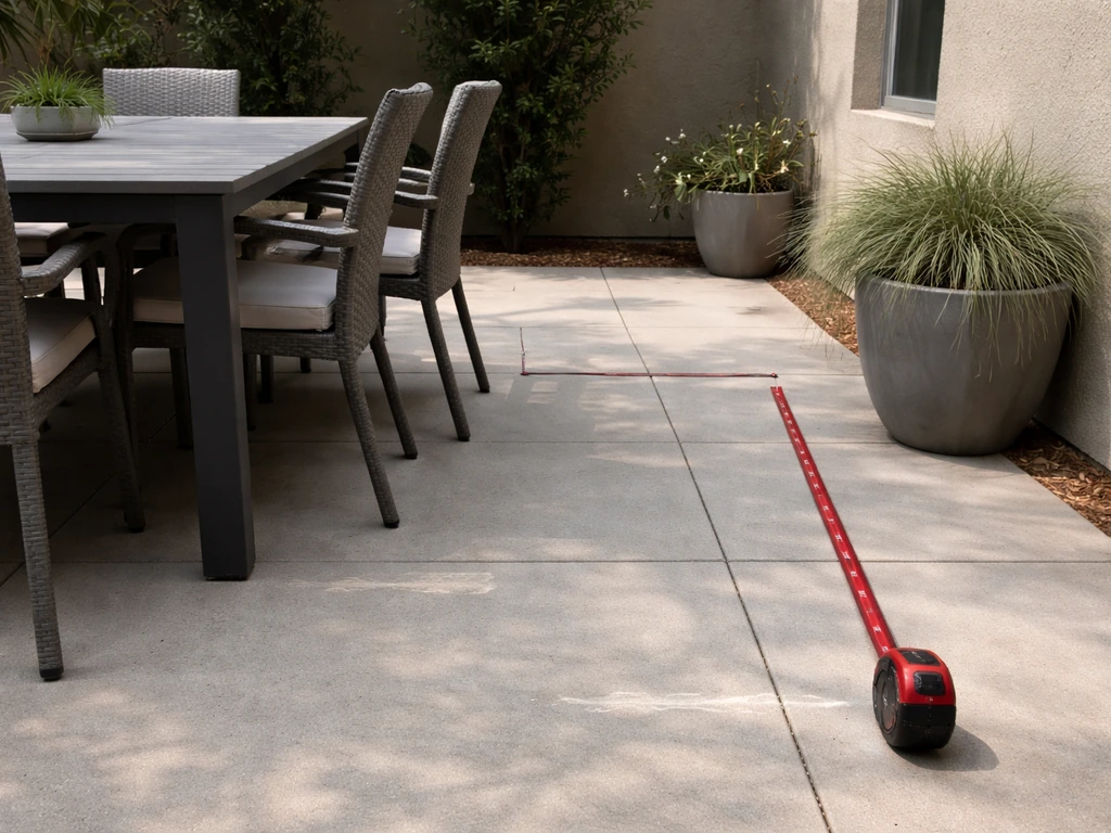 Tape measure laid across a patio dining table position, checking clearance to nearby walls and planters.