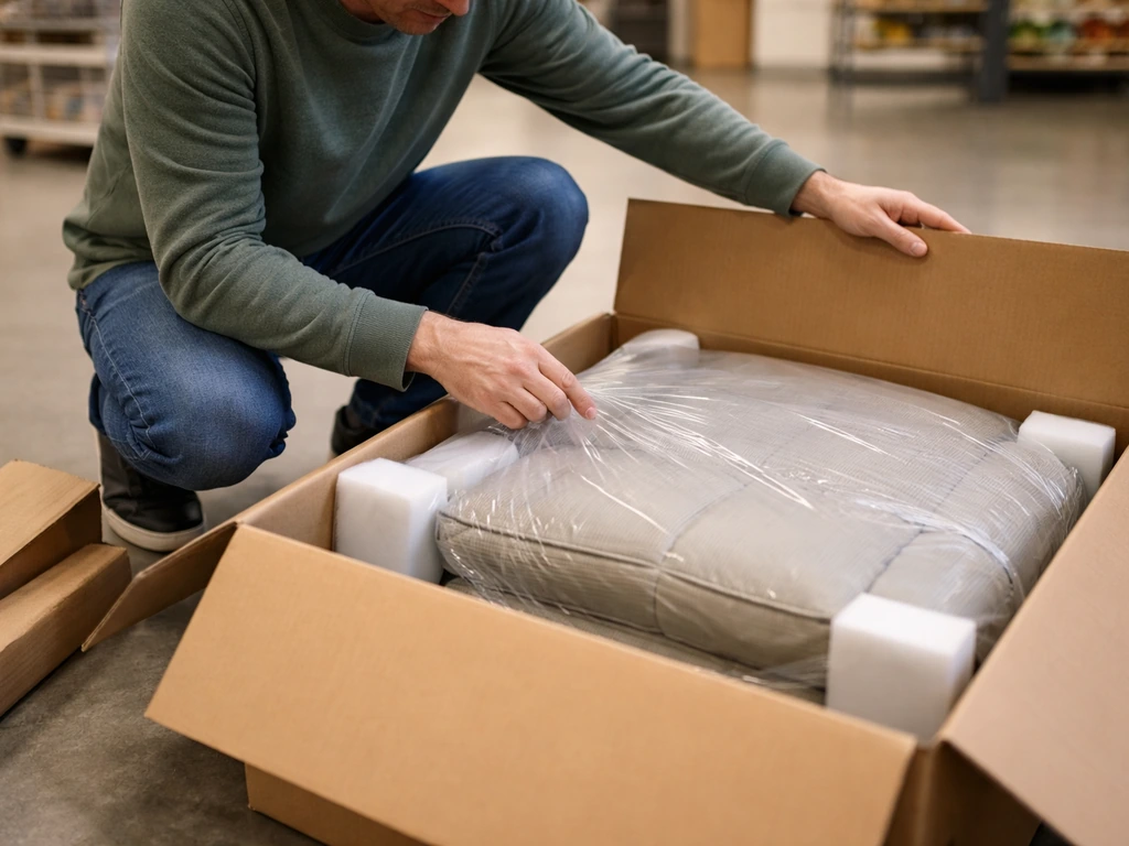 Person in a store aisle opens a large patio furniture box and inspects packaging and parts