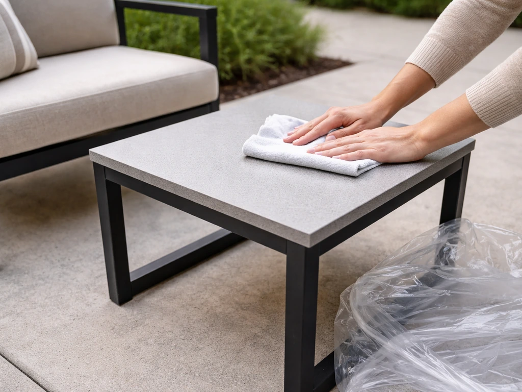 Minimal patio scene showing a new outdoor set outdoors with a person wiping a protective surface