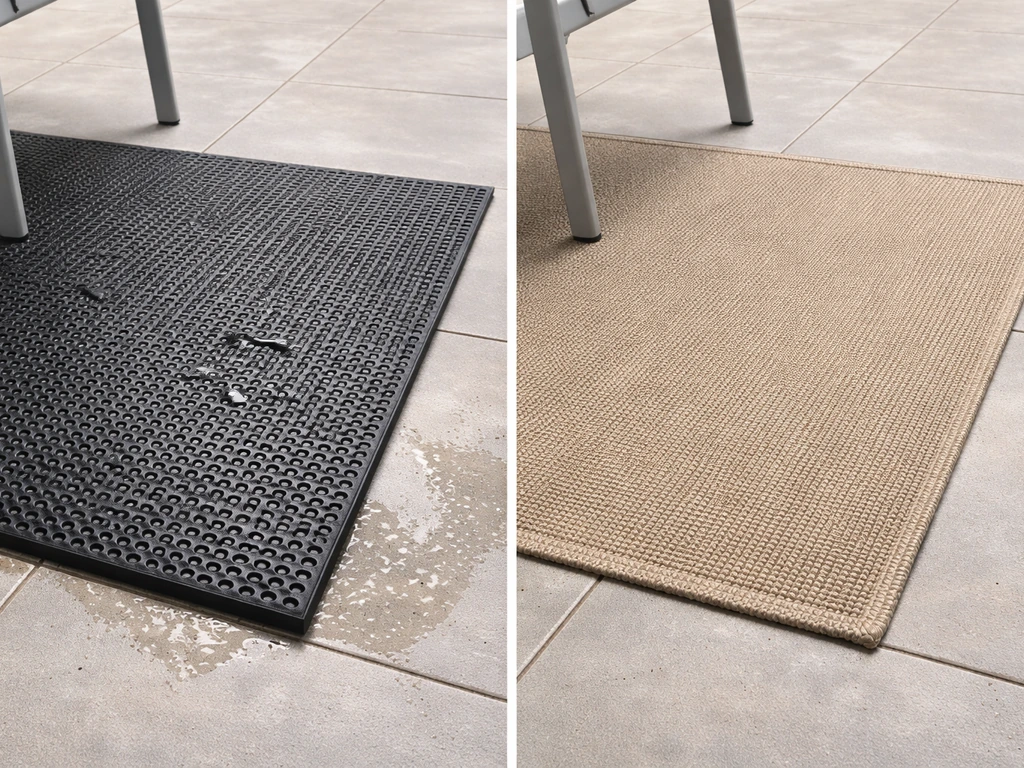 Side-by-side patio mat with drainage holes and a textile outdoor rug on a quiet patio.