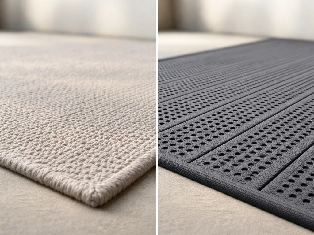 Close-up of two outdoor textile surfaces side by side: soft rug pile and perforated patio mat.