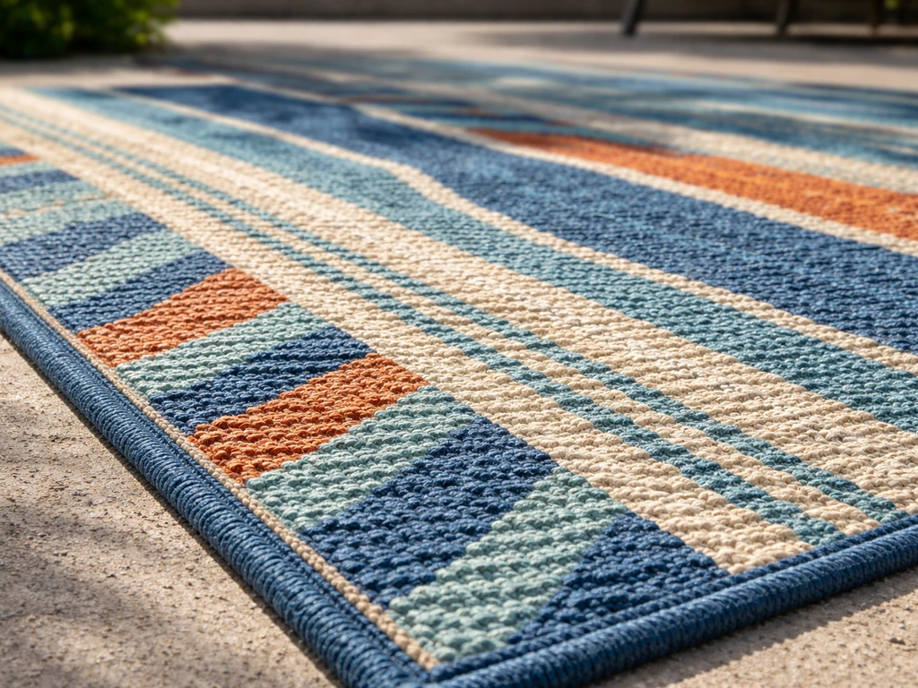 Close-up of a solution-dyed outdoor patio rug mat surface in strong sun, showing fade-resistant texture.