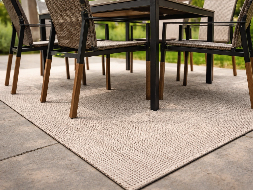 Outdoor dining chairs with legs standing fully on a large rug, showing correct size coverage on a patio.