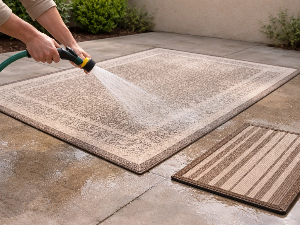 Garden hose rinsing an outdoor rug and patio mat, showing quick cleaning readiness