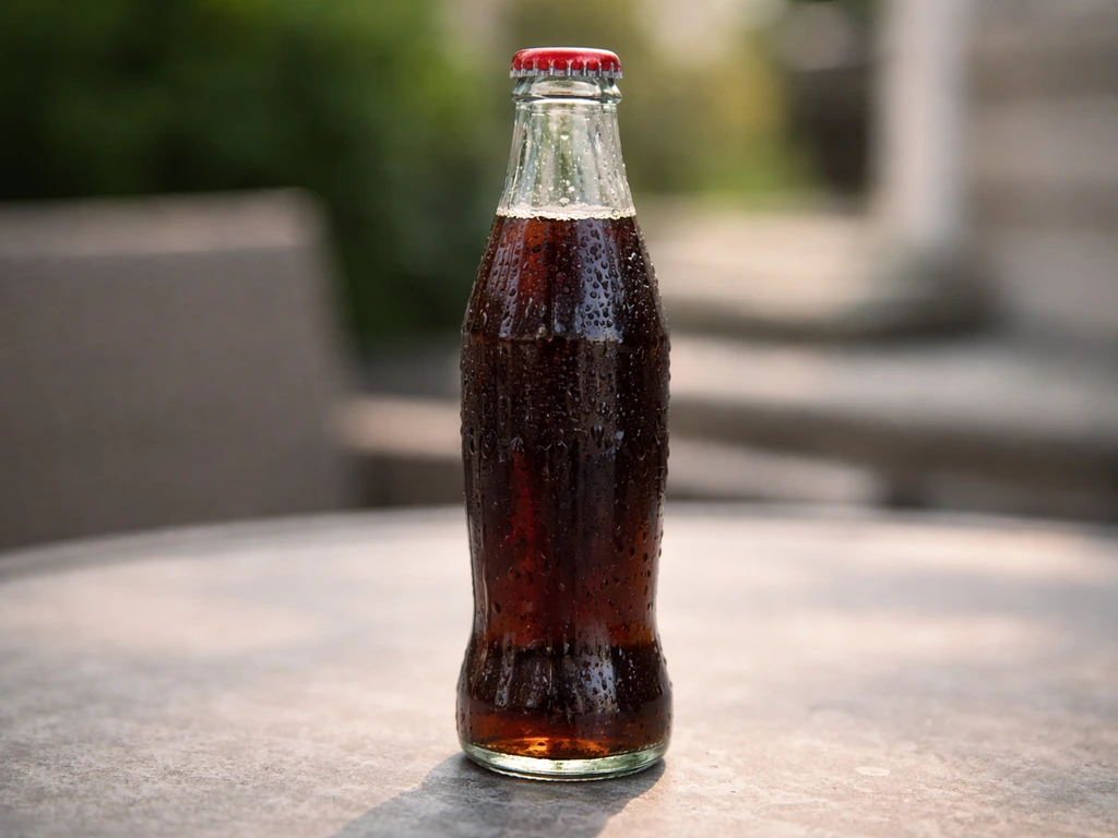Vintage diet cola bottle with condensation on an outdoor patio table in natural daylight.