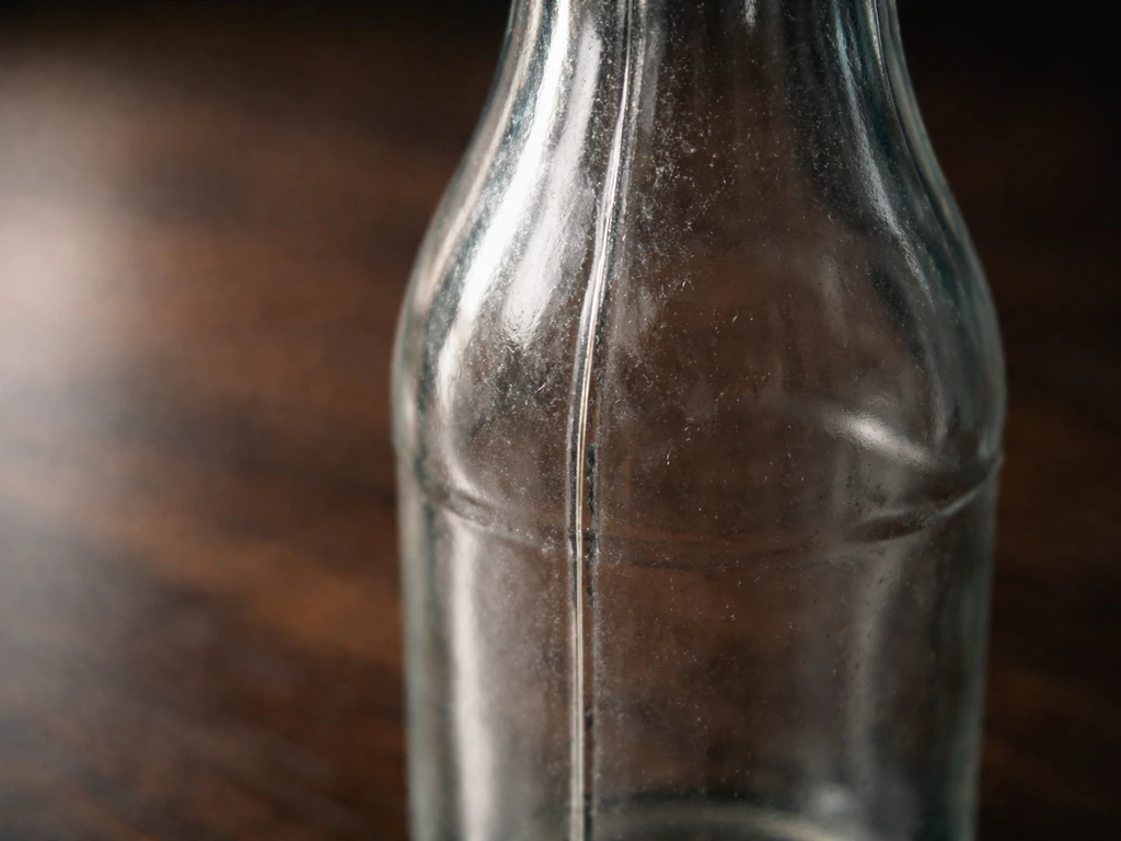 Macro close-up of a vintage soda bottle’s side mold seam and surface marks in natural light
