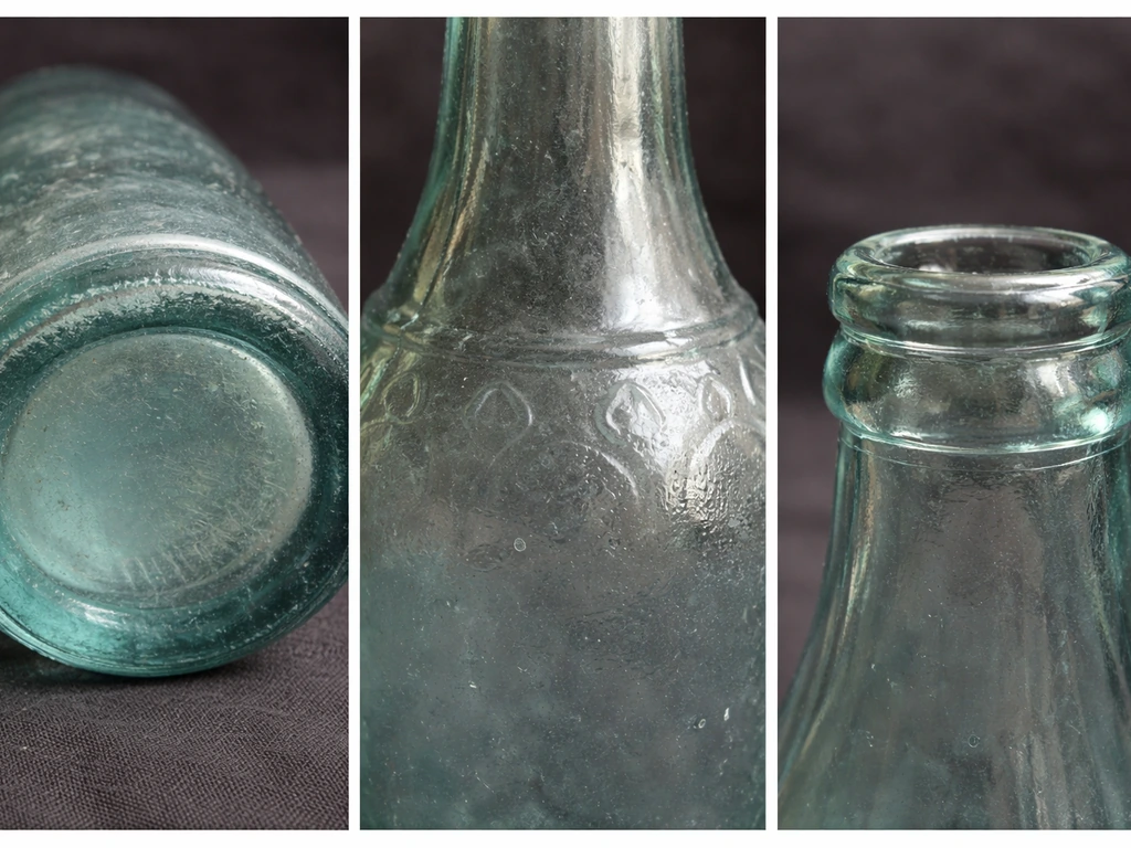 Close-up views of antique soda bottle base, heel, and lip details on dark cloth.