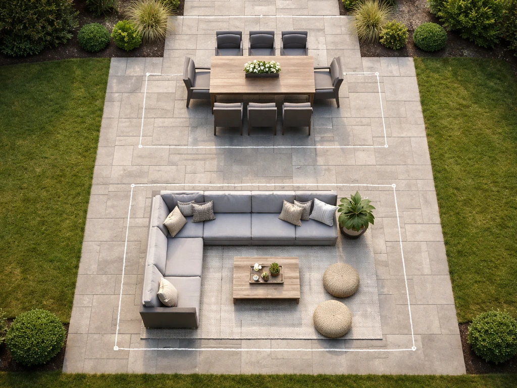 Top-down view of a backyard patio showing separated dining and lounge zones with subtle clearance markings.