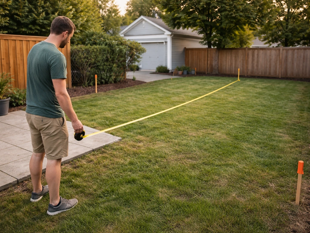 Homeowner using a 100-foot tape measure in a yard to measure patio/buildable space near property lines