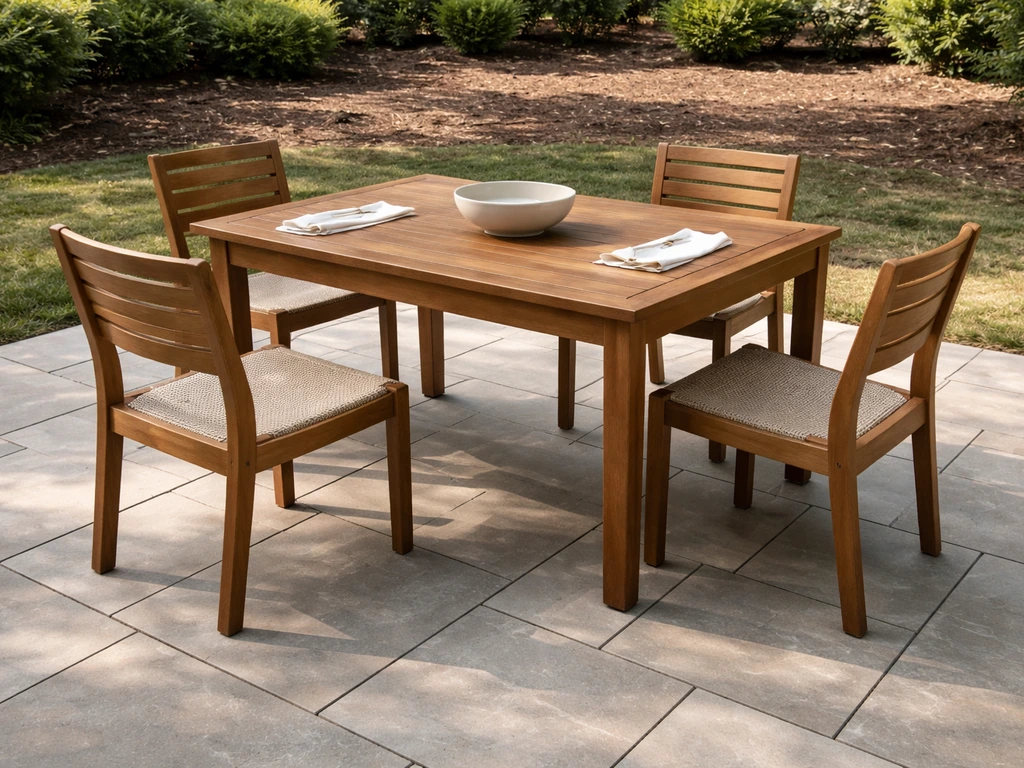 Outdoor patio dining table for four with chairs pulled back to show clear walking space.