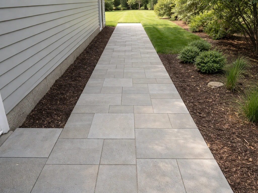 Empty patio walkway from house to yard, showing generous clear circulation space.