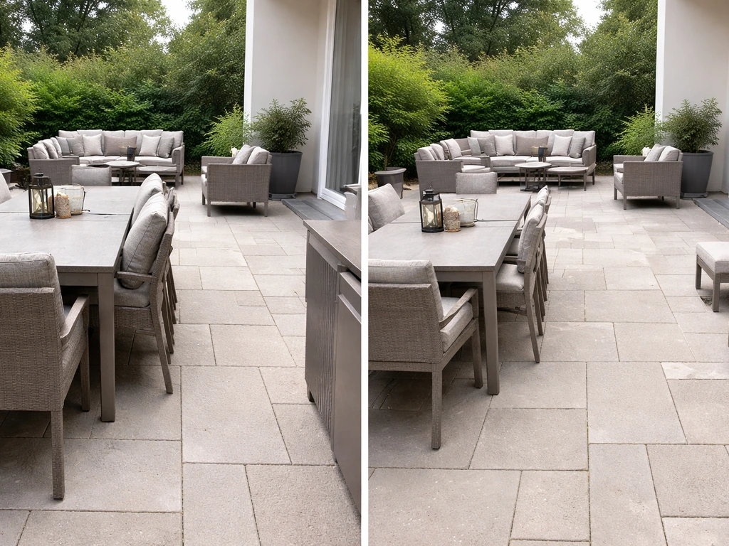 Two-panel view showing an overcrowded patio with blocked walkways and a corrected layout with clear circulation space.