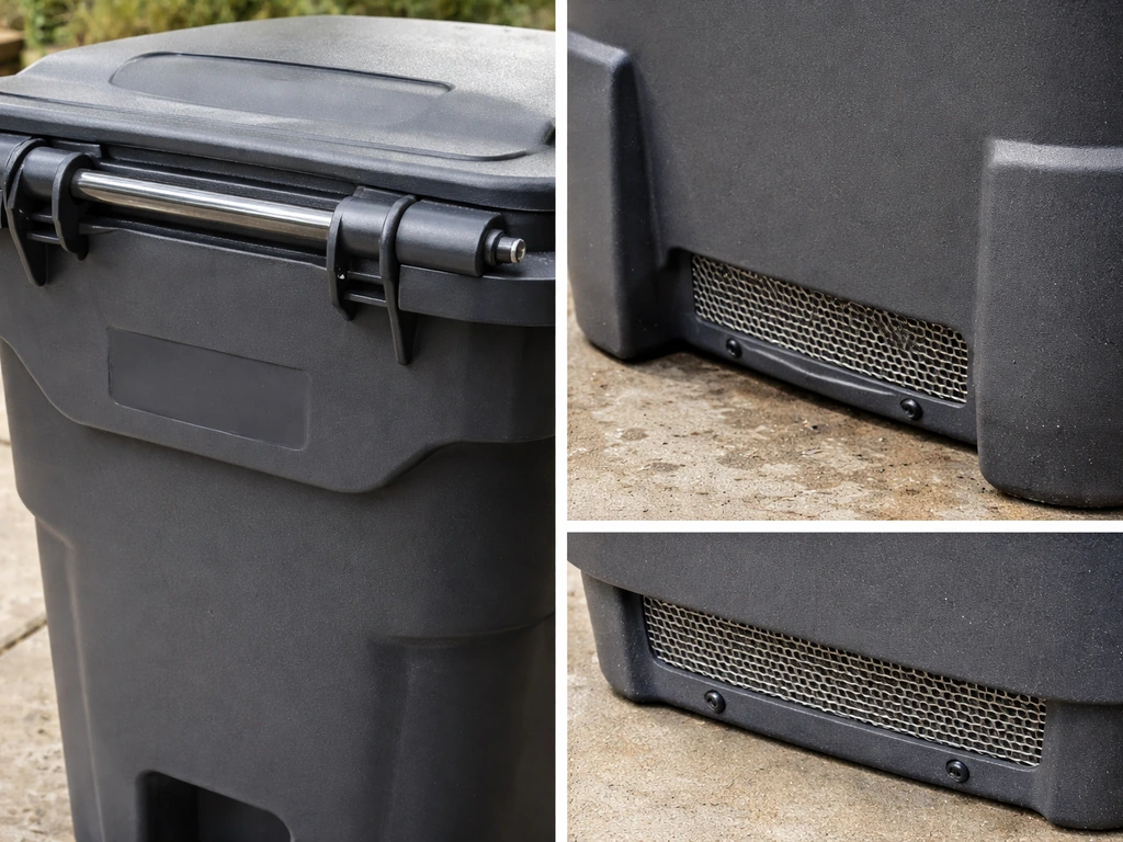 Close-up of an outdoor trash can showing reinforced lid hinge, UV-rated plastic area, and rodent-resistant sealed bottom