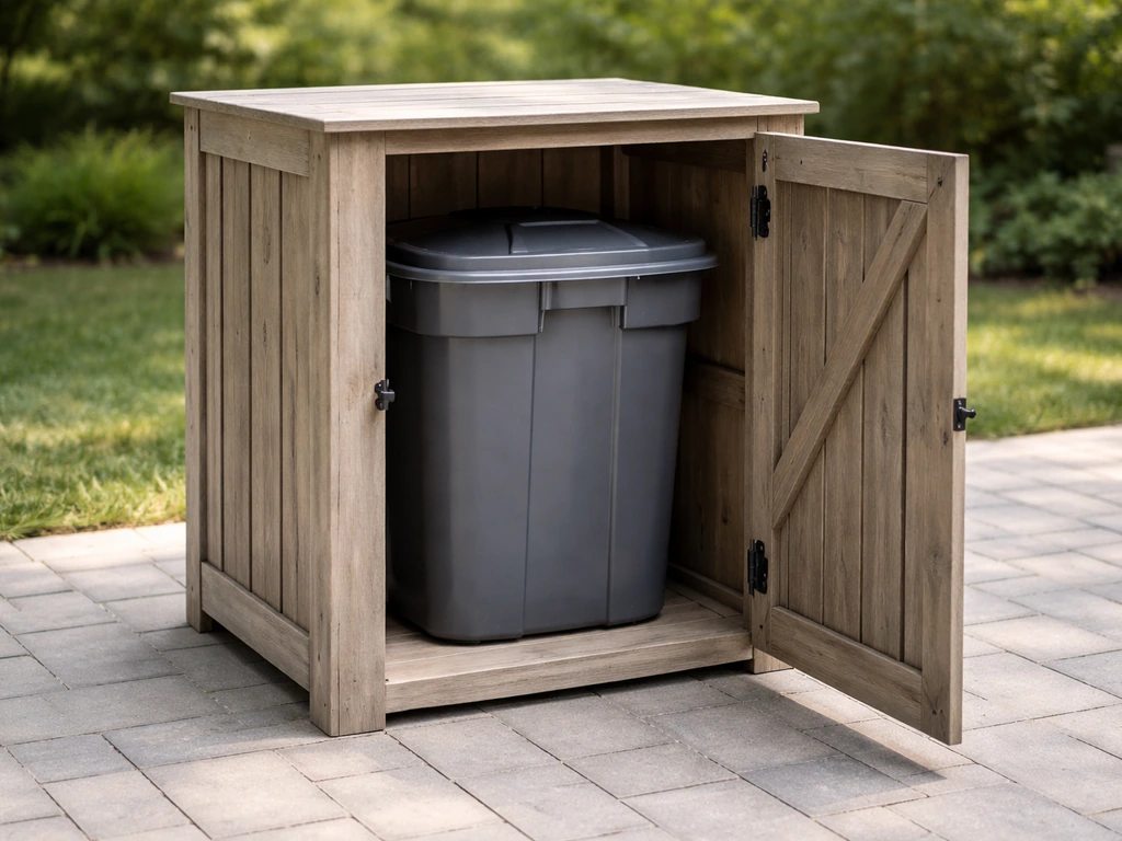 Outdoor trash can hidden in a wood patio cabinet enclosure on pavers, with natural light.