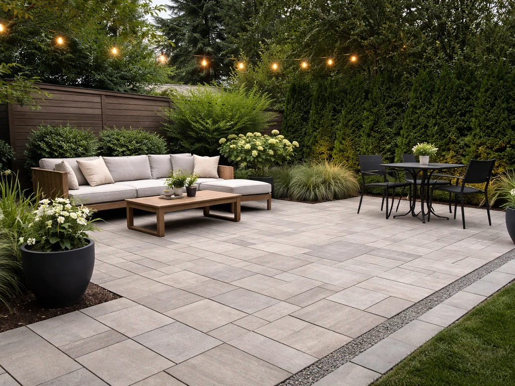 Well-laid modern patio with level pavers, proper drainage slope, comfortable seating zones, and warm lighting at dusk.