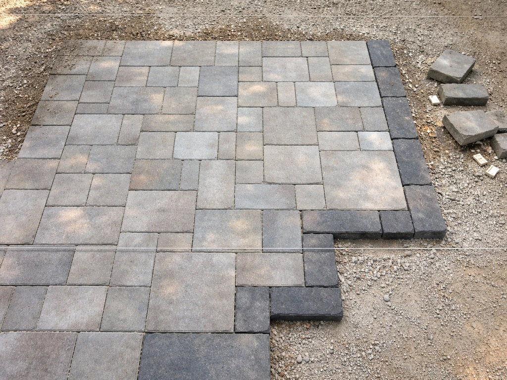 Overhead view of a patio under construction with uneven surface, messy edge cuts, and scattered pavers.