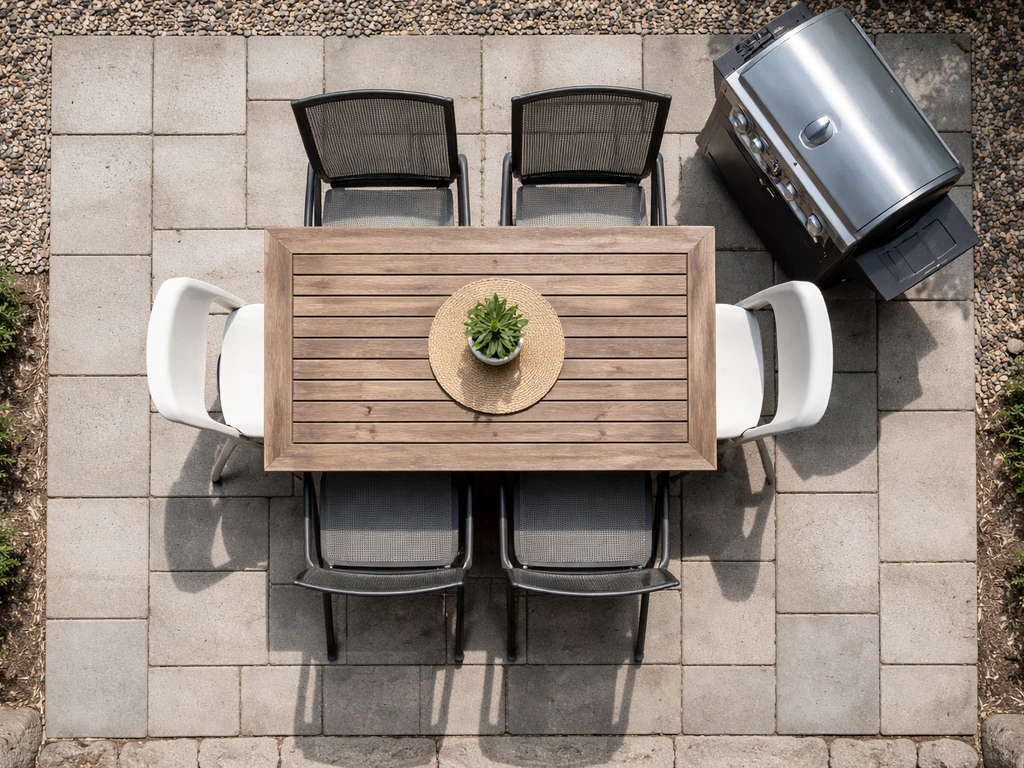 Top-down view of a small patio with cramped table, chairs, and grill leaving no clear walkway