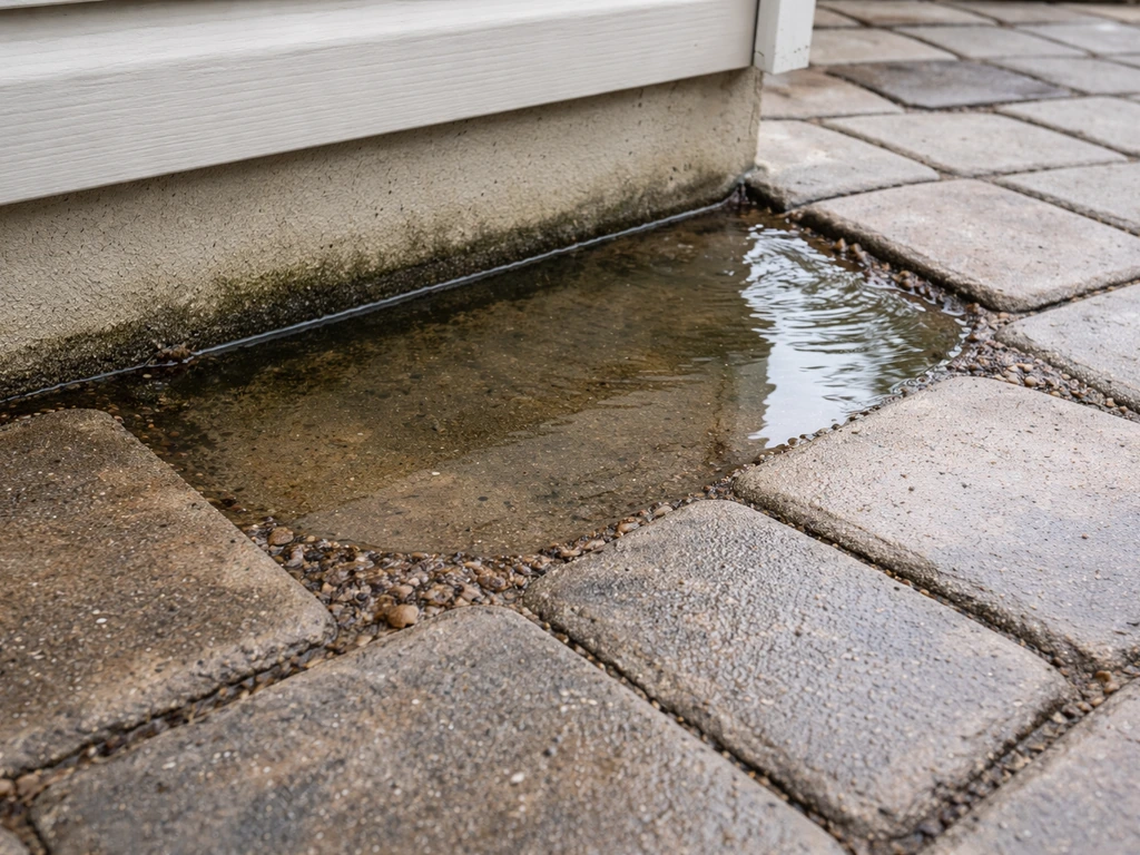 Close-up of a patio low spot with standing puddle near the house foundation and damp joints.
