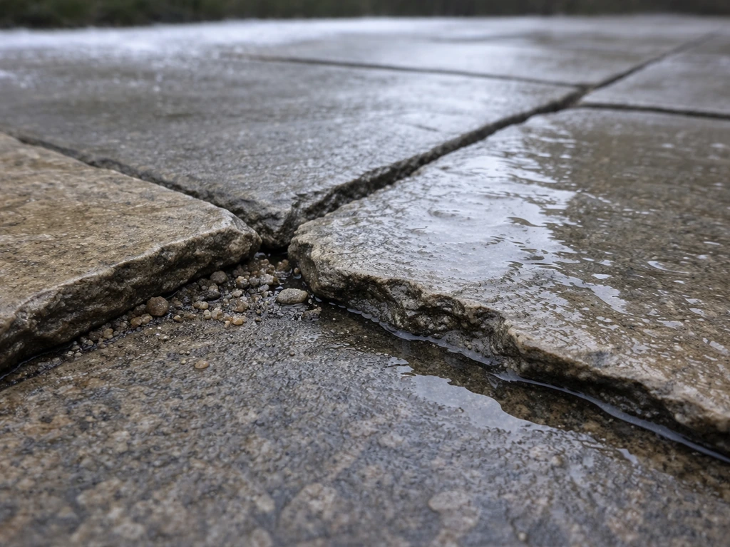 Damaged natural stone patio slab with spalling and wet sheen suggesting freeze-thaw slipping risk.
