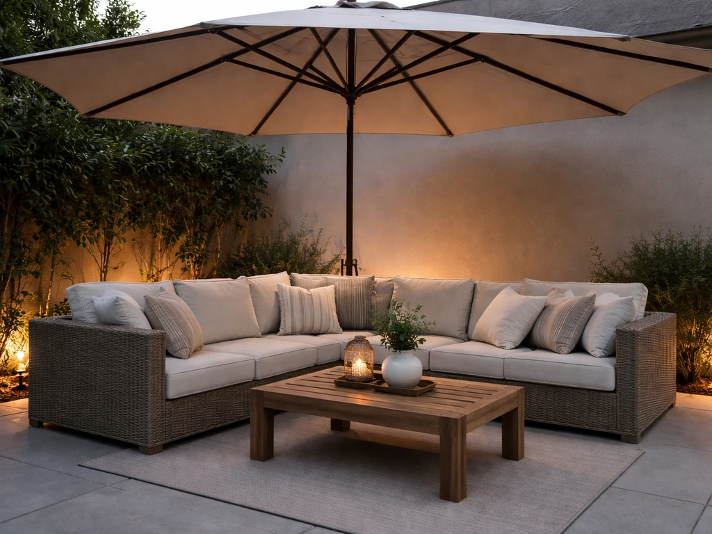 Shaded patio seating under an outdoor umbrella with subtle, non-glary lighting.