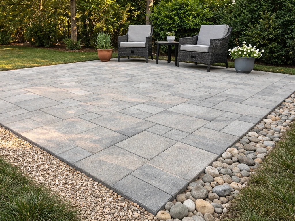 Finished stone paver patio with seating and potted plants, clean drainage-ready surface in natural light.