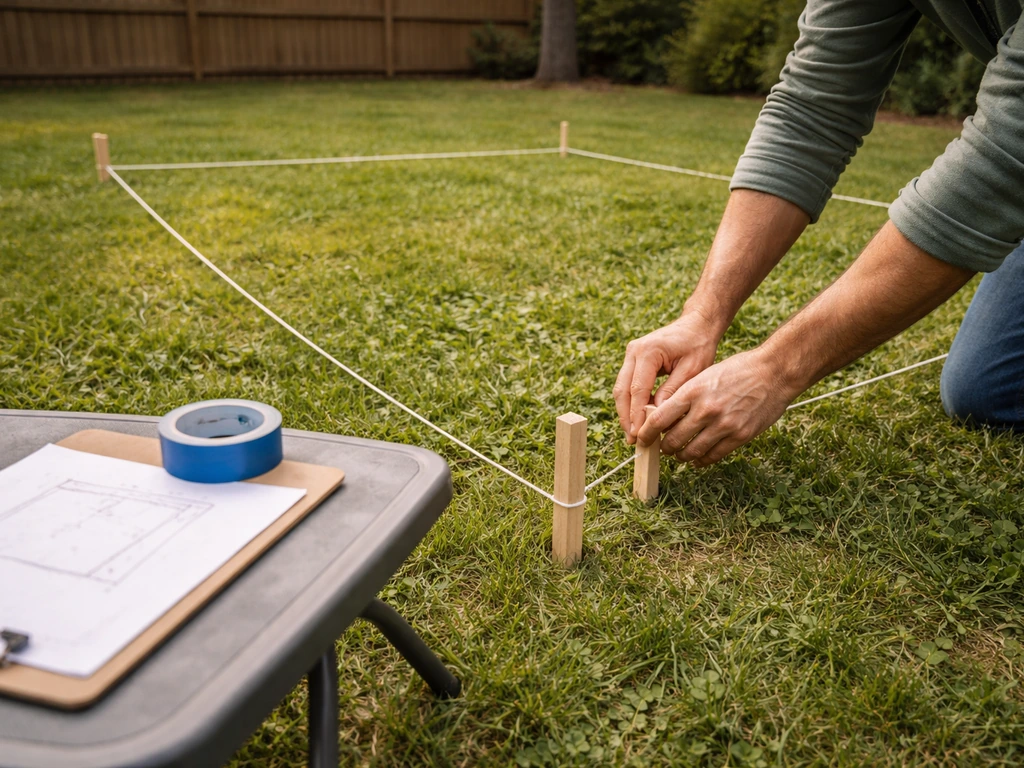 Hands staking a measured square patio layout in a backyard, with measuring tape and a paper sketch nearby.