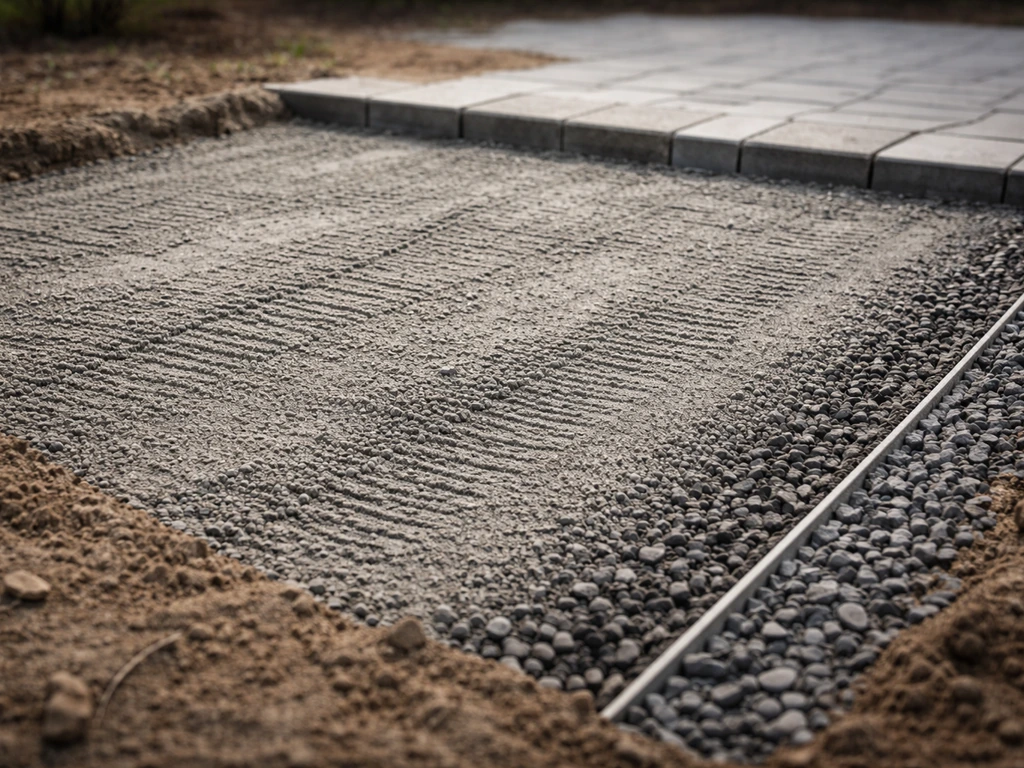Graded, compacted subbase for a patio with prepared edge drainage channel and gravel.