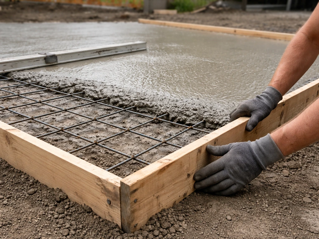 Worker’s hands adjusting concrete forms with steel rebar visible beside a freshly poured slab at a job site.