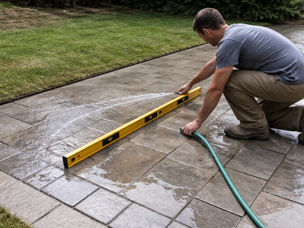 Person using a 6-foot level and garden hose to check slope and drainage on a finished patio