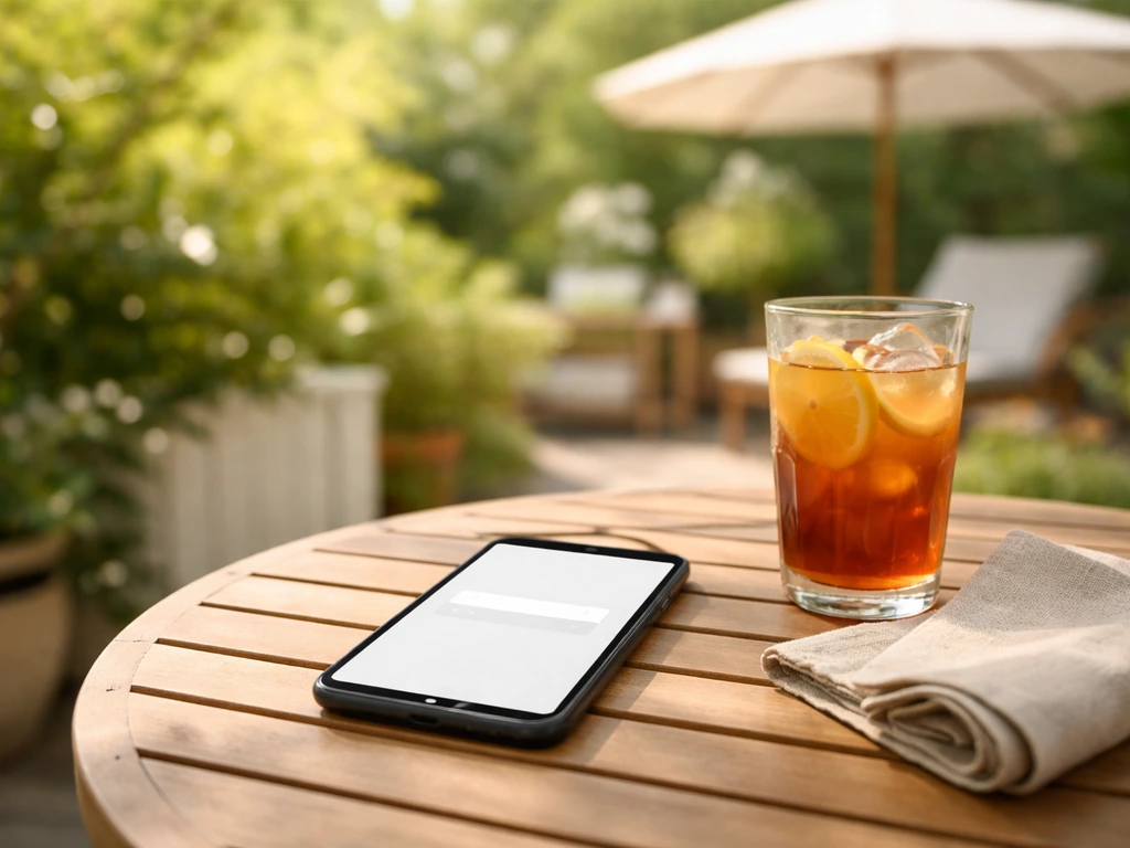 Sunlit patio table with a smartphone showing an unlabeled promo-code style entry screen, suggesting savings.