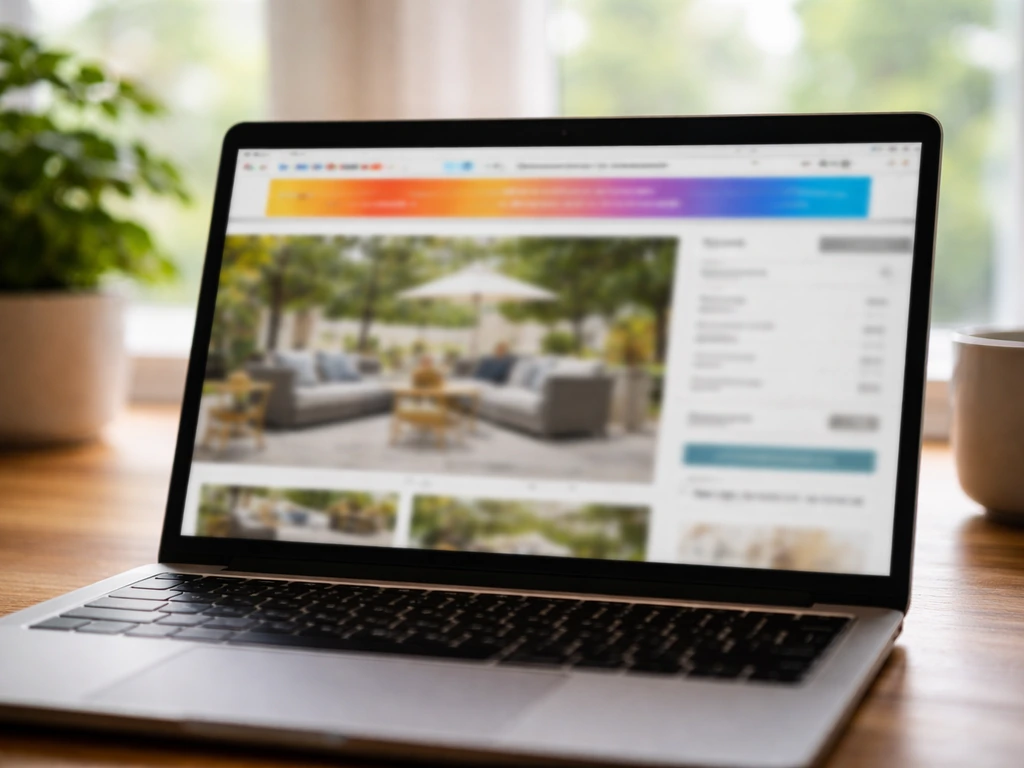 Close-up of a laptop showing the top promo banner area on a patio shopping website page