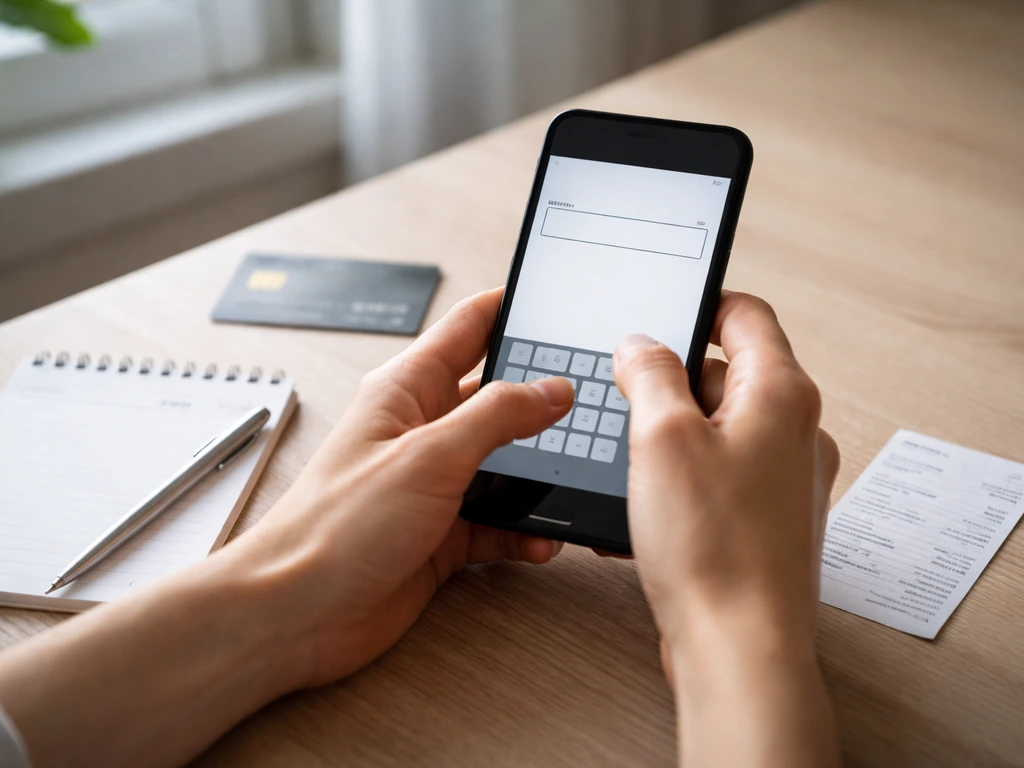 Hands retyping a promo code on a smartphone at checkout, with a card and blank notepad nearby.