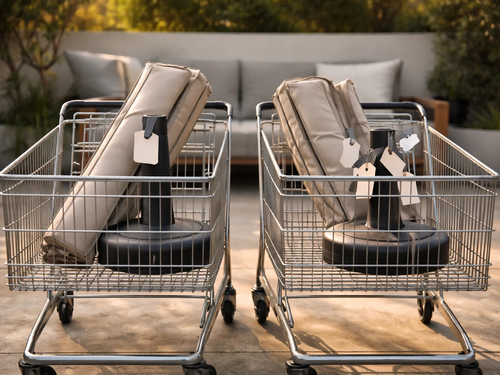 Split view of a patio shopping cart with a single discount vs stacked discounts showing different outcomes