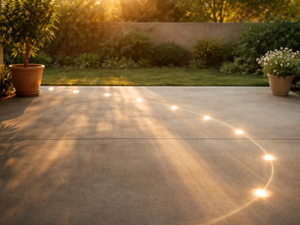 Sunlit patio with simple directional light beams showing a full-sun route across the day.