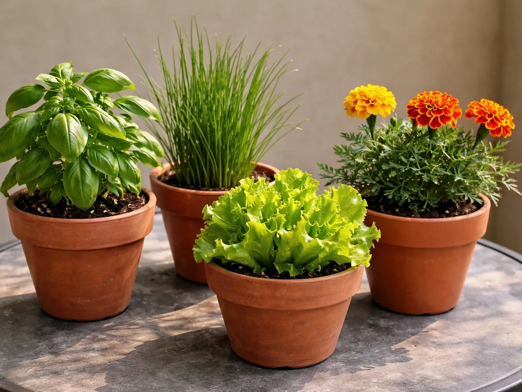 Healthy beginner container plants—basil, chives, lettuce, and marigolds—in terracotta pots on a patio table.