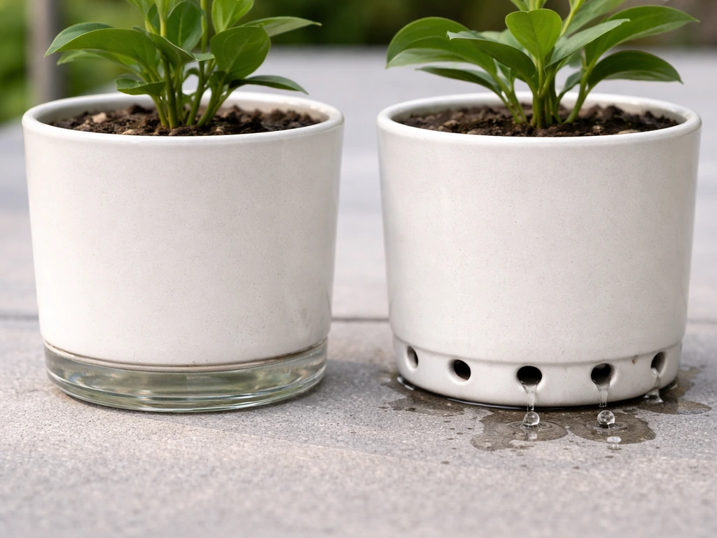 Two potted plants side-by-side: one with pooled water due to no drainage holes, one draining properly.