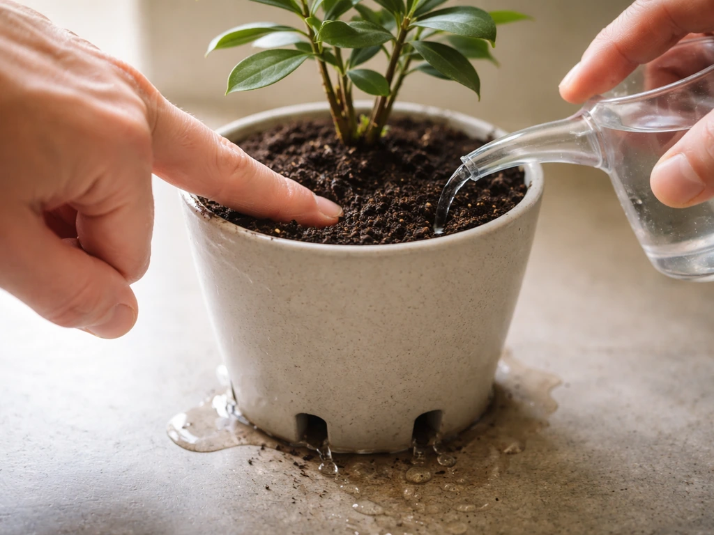 Closeup of hands performing finger test in potting soil, then watering until water drains from holes