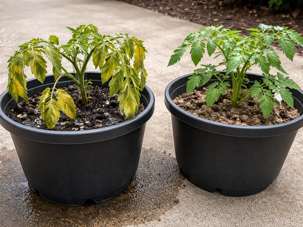 Side-by-side patio plants showing overwatering yellow leaves and healthier corrected container growth.